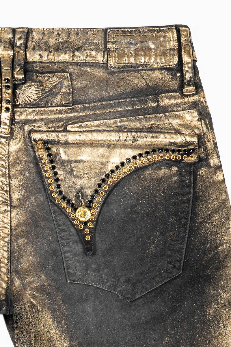 MENS CLASSIC STRAIGHT LEG LONG FLAP JEANS BLK LISA GOLD FOIL WITH CRYSTALS