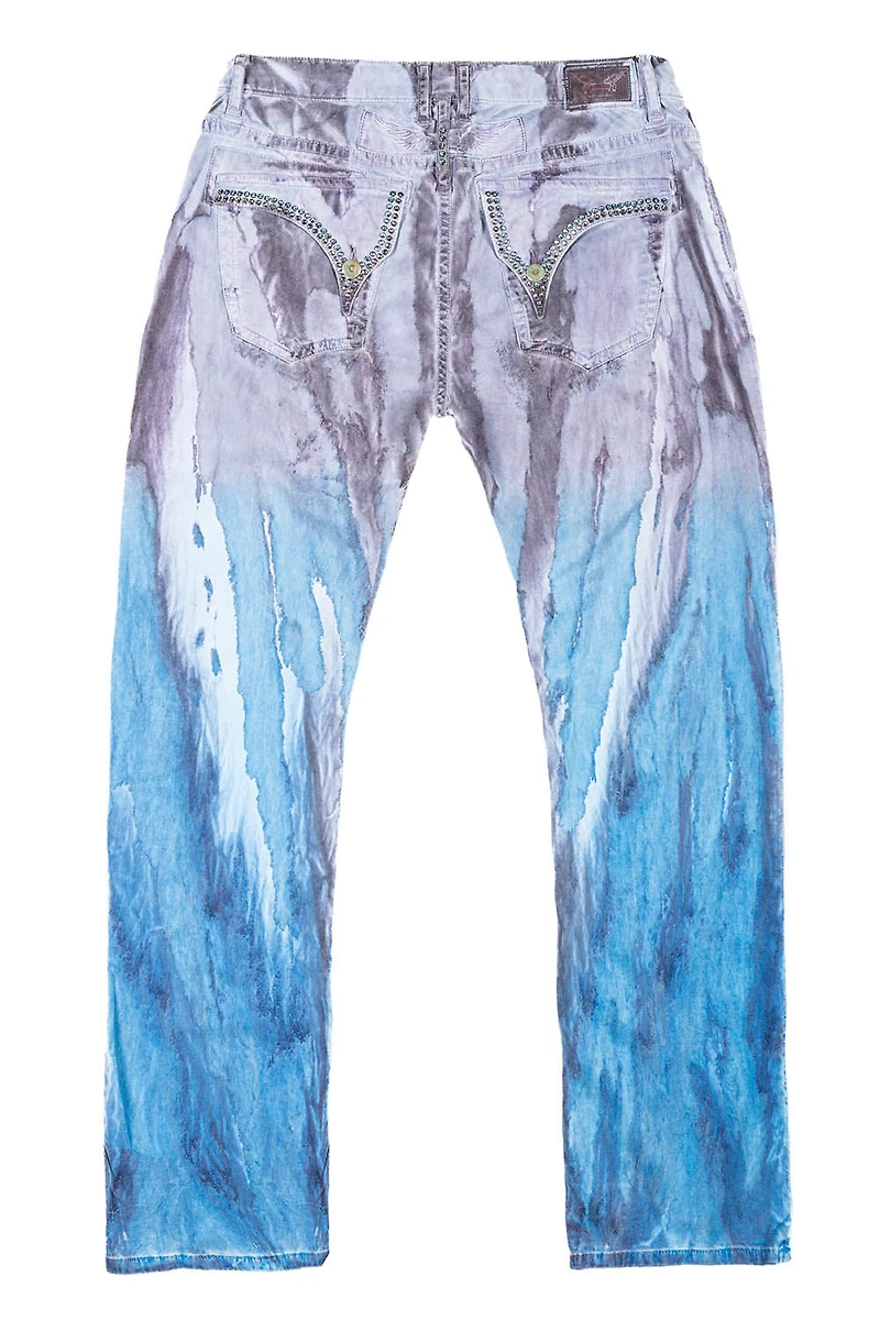 MENS CLASSIC STRAIGHT LEG LONG FLAP JEANS FIRE BLUE WITH CRYSTALS