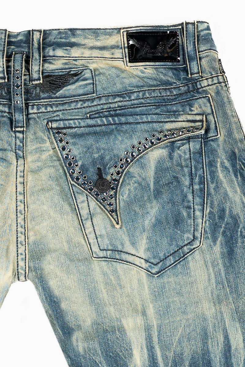 MENS LONG FLAP SLIM JEANS BLUE NIKO WASH EMBELLISHED WITH  MONTANA CRYSTALS