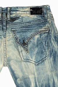 MENS LONG FLAP SLIM JEANS BLUE NIKO WASH EMBELLISHED WITH  MONTANA CRYSTALS