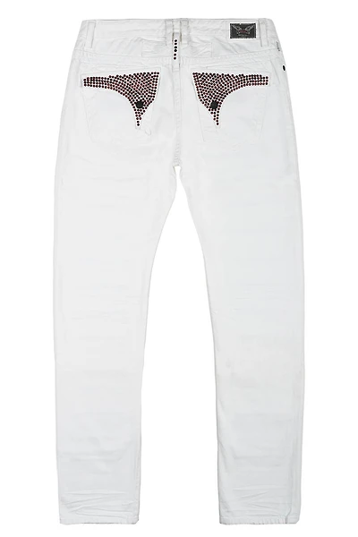 ROBIN'S VINTAGE EDITION SLIM JEANS WITH RED CRYSTALS AND BLK NAILHEAD  PURE WHITE