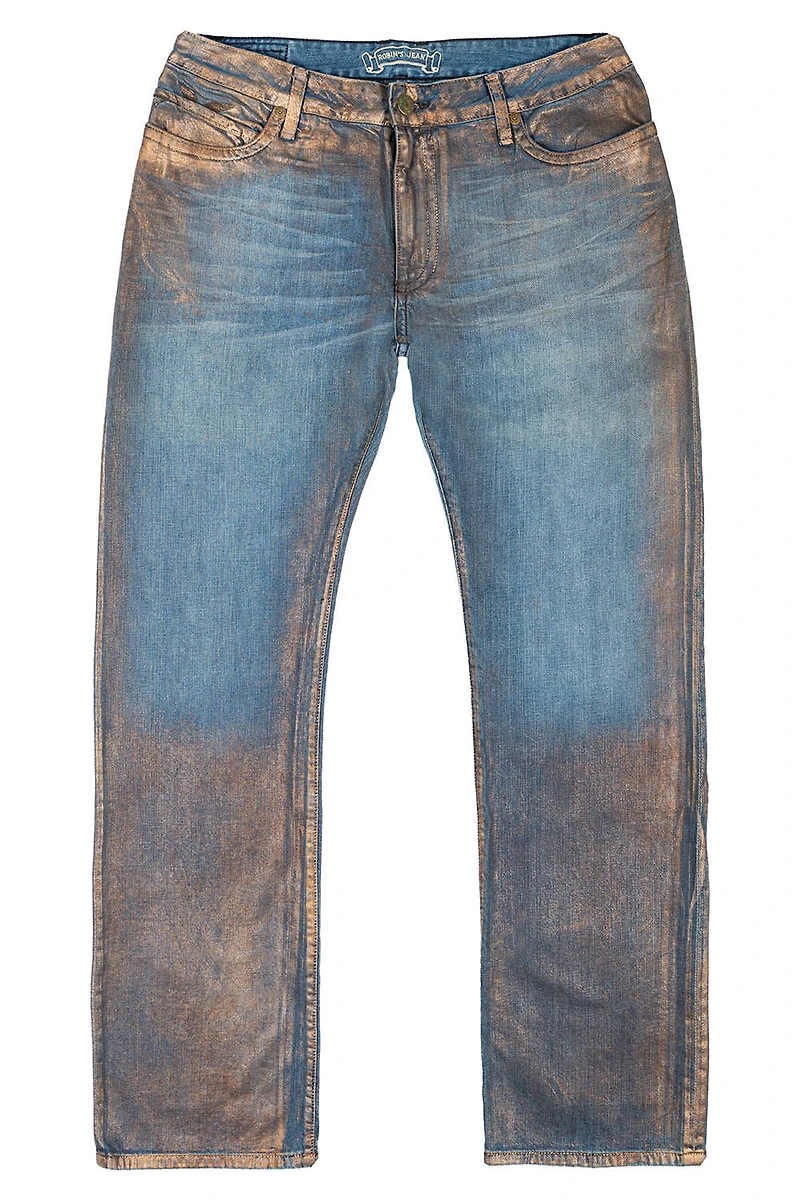 MENS LONG FLAP STRAIGHT CUT JEANS WITH CRYSTALS COPPER FOIL WASH
