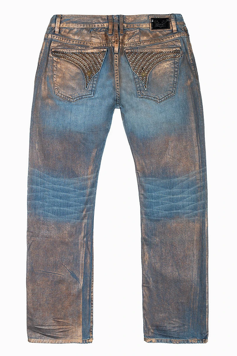 MENS LONG FLAP STRAIGHT CUT JEANS WITH CRYSTALS COPPER FOIL WASH
