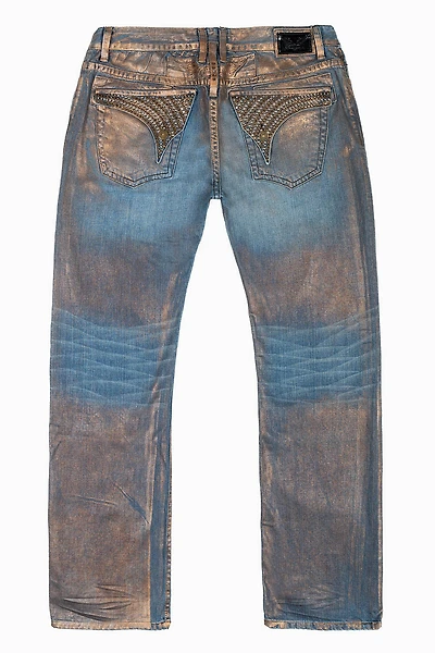 MENS LONG FLAP STRAIGHT CUT JEANS WITH CRYSTALS COPPER FOIL WASH