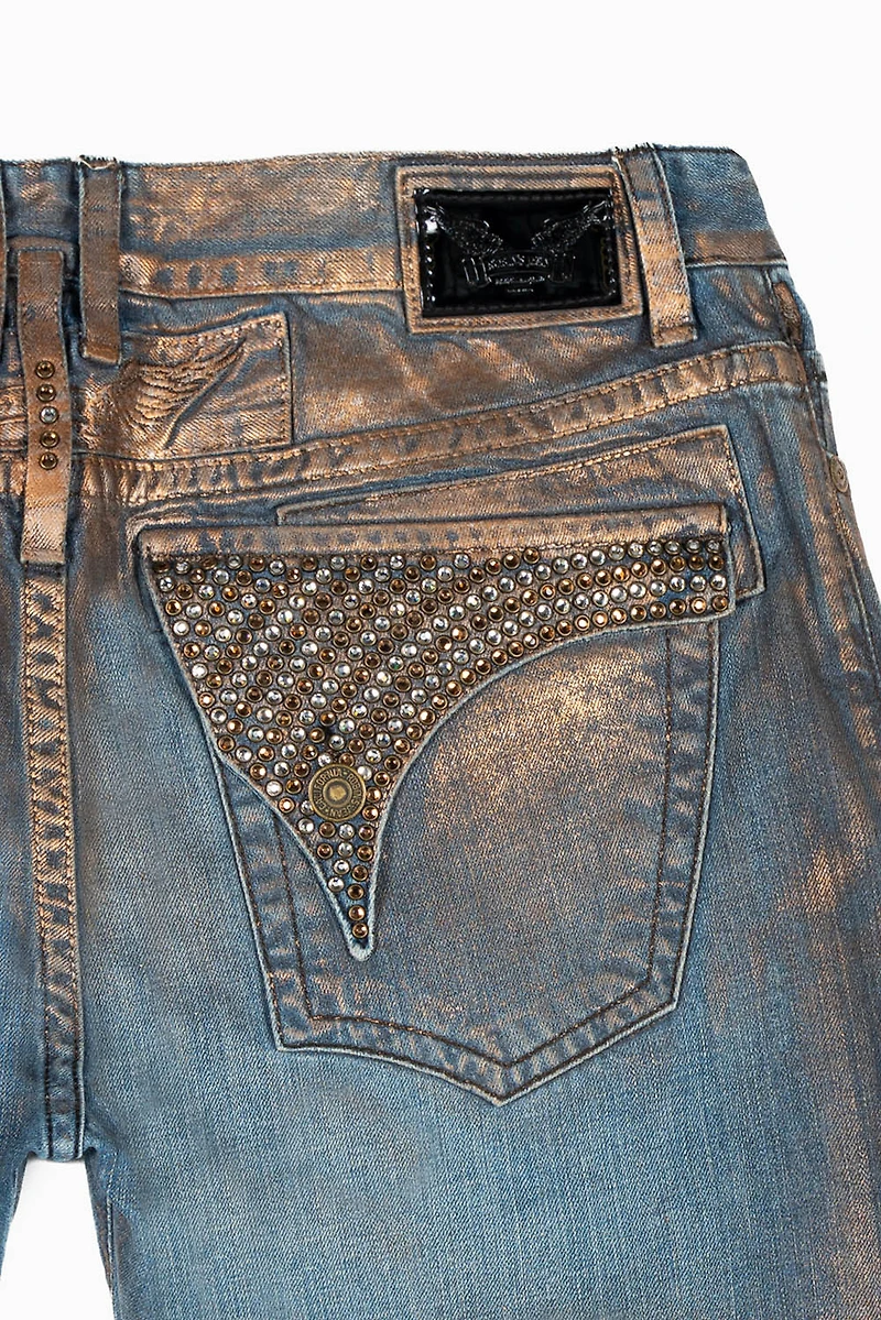 MENS LONG FLAP STRAIGHT CUT JEANS WITH CRYSTALS COPPER FOIL WASH