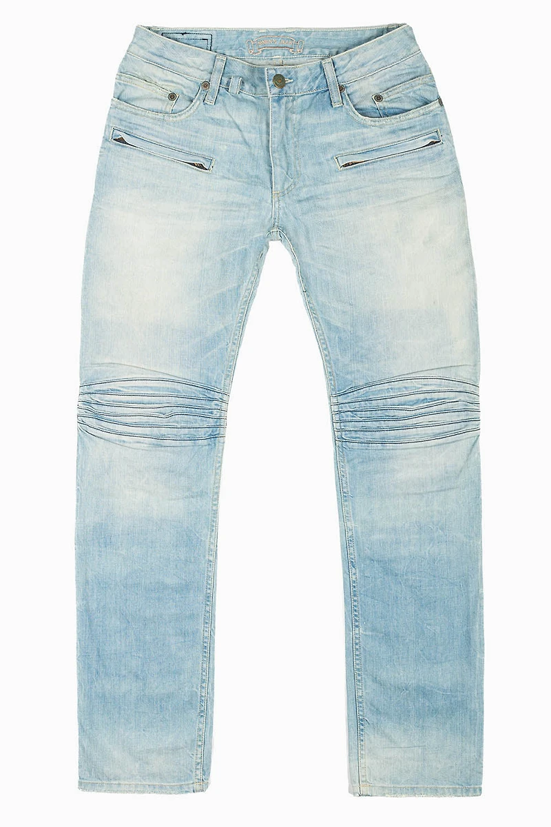 MOTO BIKER MEN'S SLIM STRAIGHT LEG JEANS BLUE THUNDER LIGHT WASH