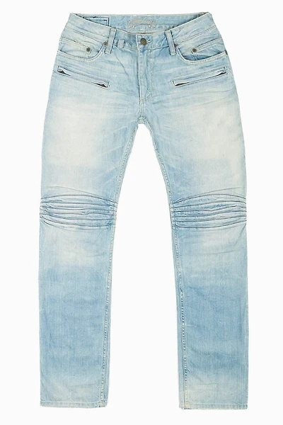 MOTO BIKER MEN'S SLIM STRAIGHT LEG JEANS BLUE THUNDER LIGHT WASH
