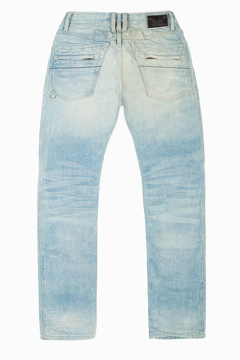MOTO BIKER MEN'S SLIM STRAIGHT LEG JEANS BLUE THUNDER LIGHT WASH