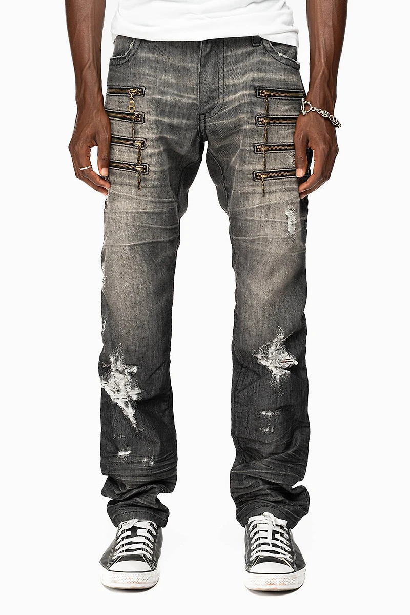 MENS MOTORCYCLE ZIPPERS SLIM JEANS ALBANY BLK BROKEN WASH EMBELLISHED WITH CRYSTALS