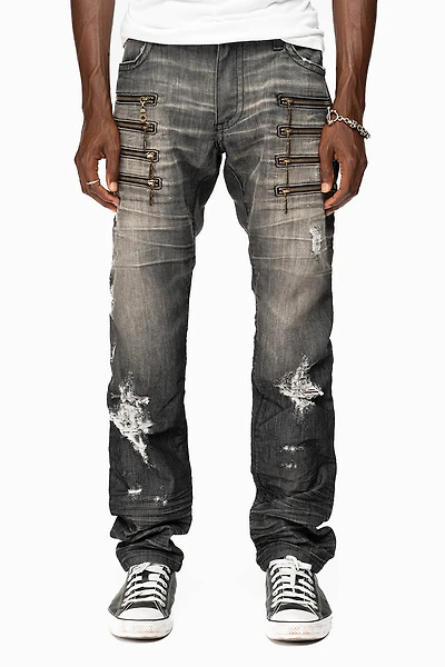 MENS MOTORCYCLE ZIPPERS SLIM JEANS ALBANY BLK BROKEN WASH EMBELLISHED WITH CRYSTALS