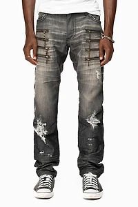 MENS MOTORCYCLE ZIPPERS SLIM JEANS ALBANY BLK BROKEN WASH EMBELLISHED WITH CRYSTALS