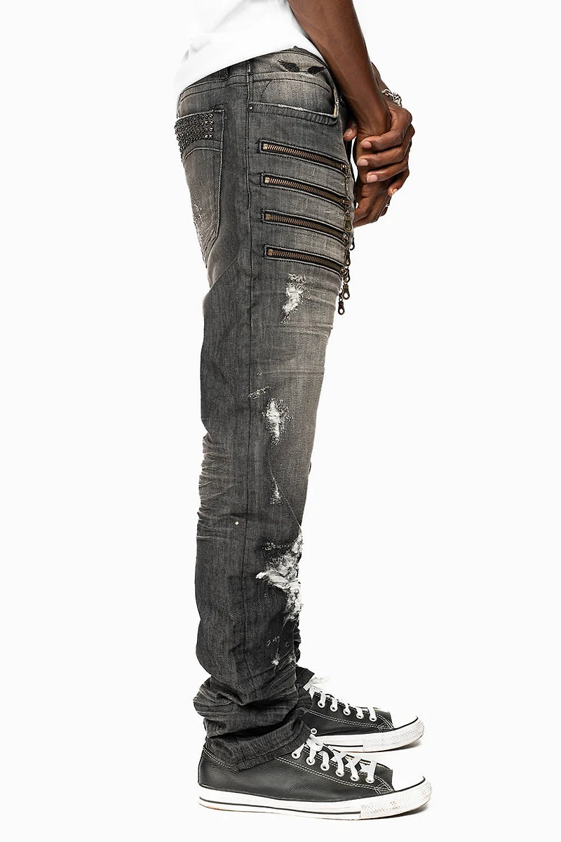 MENS MOTORCYCLE ZIPPERS SLIM JEANS ALBANY BLK BROKEN WASH EMBELLISHED WITH CRYSTALS