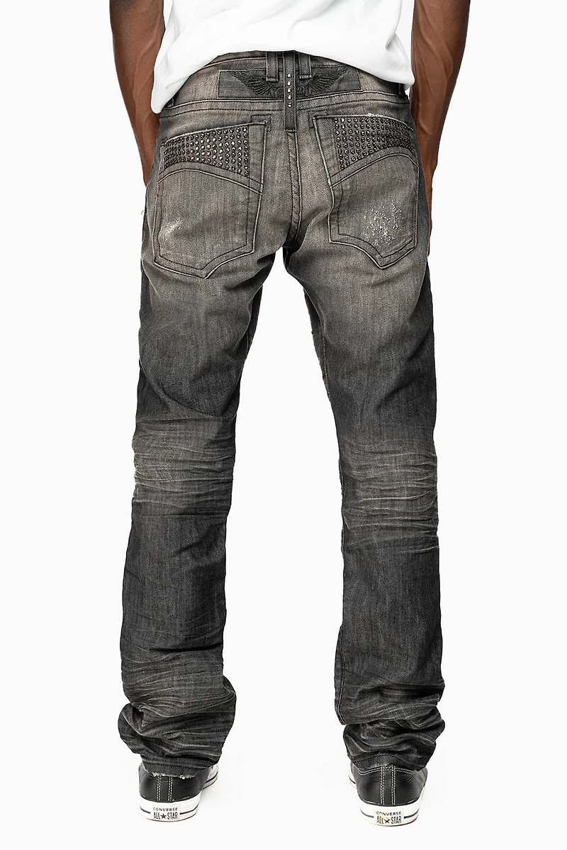 MENS MOTORCYCLE ZIPPERS SLIM JEANS ALBANY BLK BROKEN WASH EMBELLISHED WITH CRYSTALS