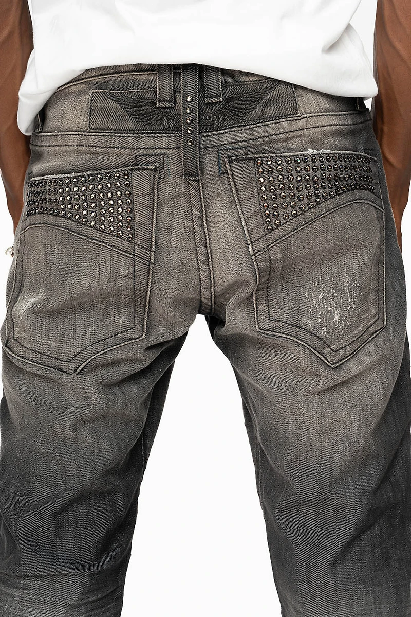 MENS MOTORCYCLE ZIPPERS SLIM JEANS ALBANY BLK BROKEN WASH EMBELLISHED WITH CRYSTALS