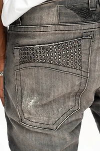 MENS MOTORCYCLE ZIPPERS SLIM JEANS ALBANY BLK BROKEN WASH EMBELLISHED WITH CRYSTALS