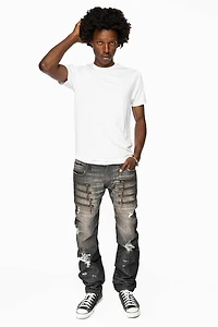 MENS MOTORCYCLE ZIPPERS SLIM JEANS ALBANY BLK BROKEN WASH EMBELLISHED WITH CRYSTALS