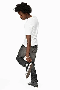 MENS MOTORCYCLE ZIPPERS SLIM JEANS ALBANY BLK BROKEN WASH EMBELLISHED WITH CRYSTALS