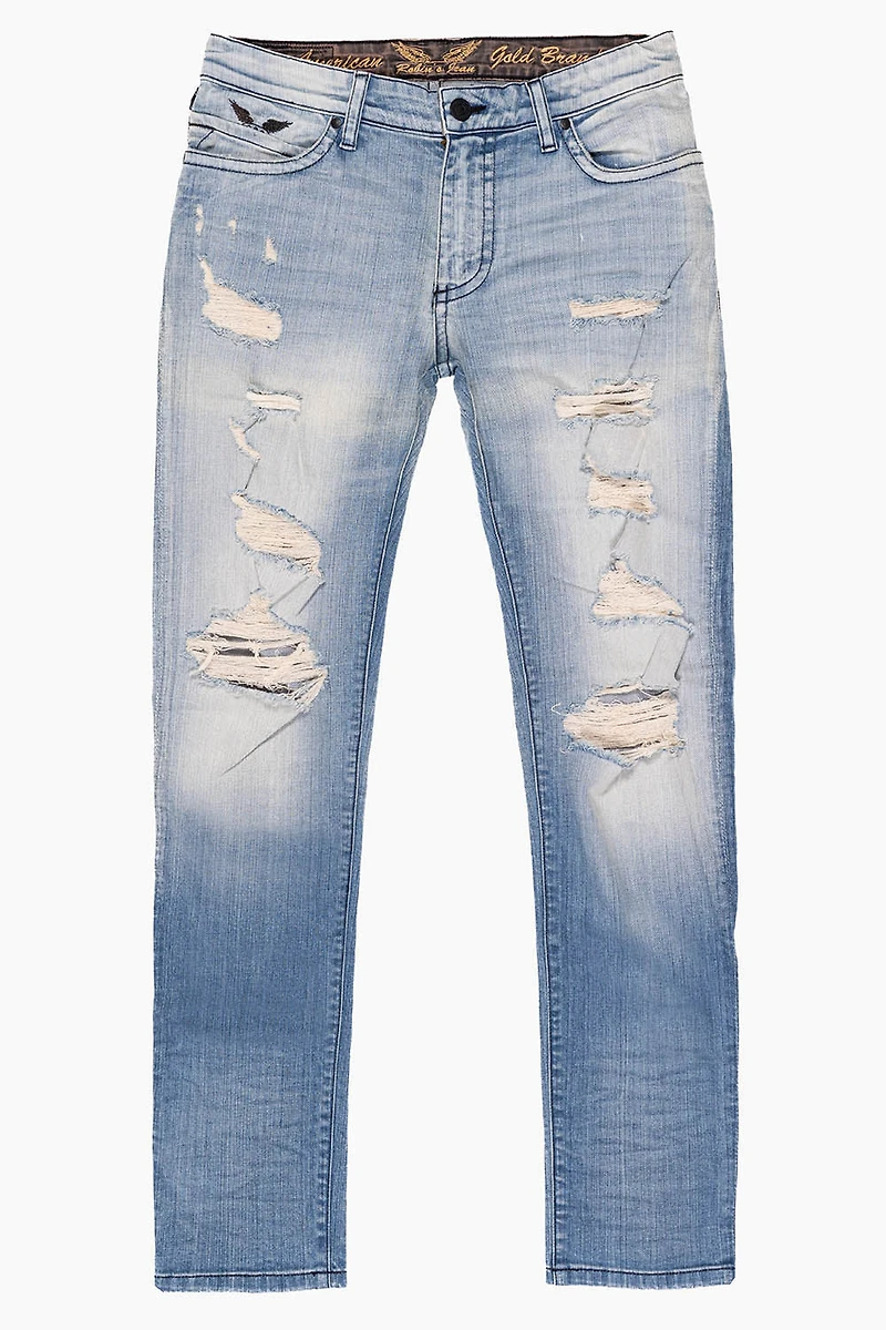 LONG FLAP MENS SLIM JEANS ELROY MEDIUM BROKEN WASH WITH FULL CRYSTALS