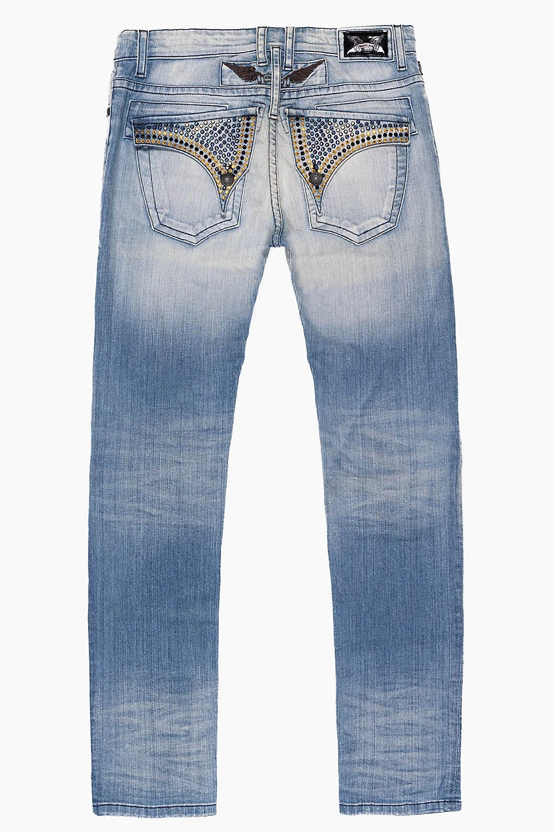 LONG FLAP MENS SLIM JEANS ELROY MEDIUM BROKEN WASH WITH FULL CRYSTALS