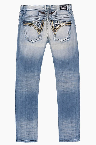LONG FLAP MENS SLIM JEANS ELROY MEDIUM BROKEN WASH WITH FULL CRYSTALS