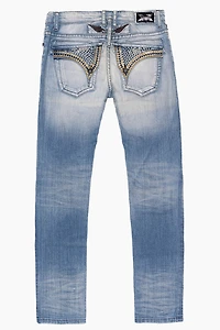 LONG FLAP MENS SLIM JEANS ELROY MEDIUM BROKEN WASH WITH FULL CRYSTALS