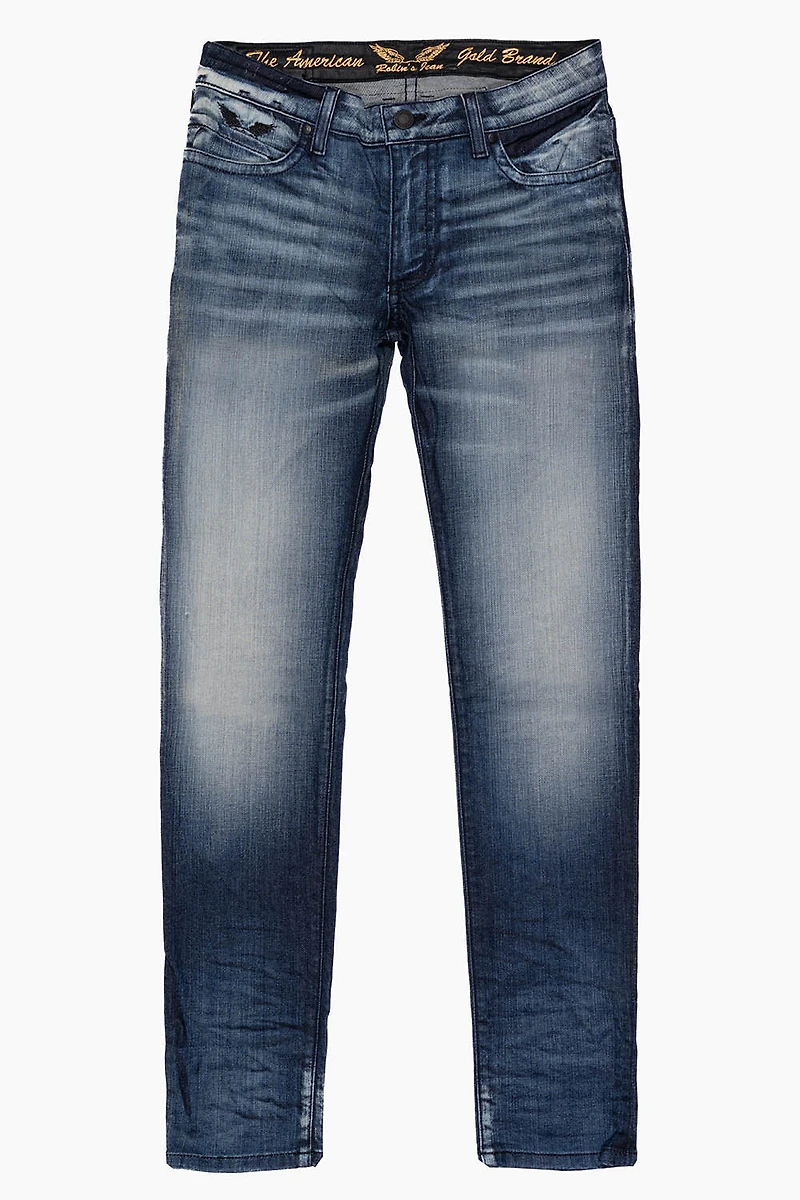 LONG FLAP MENS SLIM JEANS BLUE LEYTON DARK WASH WITH FULL CRYSTALS