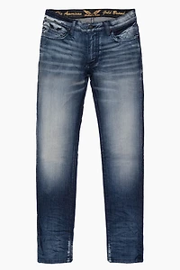LONG FLAP MENS SLIM JEANS BLUE LEYTON DARK WASH WITH FULL CRYSTALS