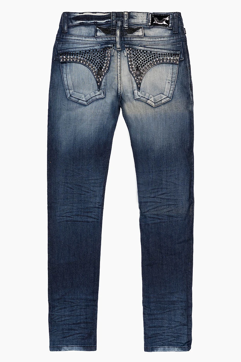 LONG FLAP MENS SLIM JEANS BLUE LEYTON DARK WASH WITH FULL CRYSTALS