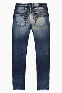 LONG FLAP MENS SLIM JEANS BLUE LEYTON DARK WASH WITH FULL CRYSTALS
