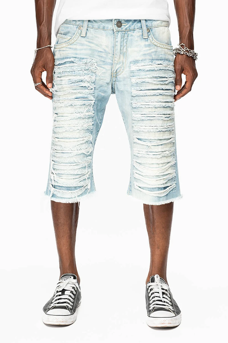 MENS LIMITED EDITION DESTROYED SHORTS WITH FLAP POCKET 5D LIGHT WASH CRYSTALS