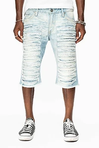 MENS LIMITED EDITION DESTROYED SHORTS WITH FLAP POCKET 5D LIGHT WASH CRYSTALS