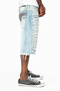 MENS LIMITED EDITION DESTROYED SHORTS WITH FLAP POCKET 5D LIGHT WASH CRYSTALS