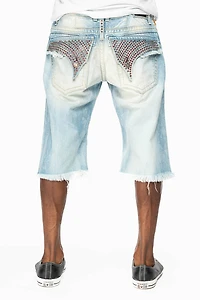 MENS LIMITED EDITION DESTROYED SHORTS WITH FLAP POCKET 5D LIGHT WASH CRYSTALS