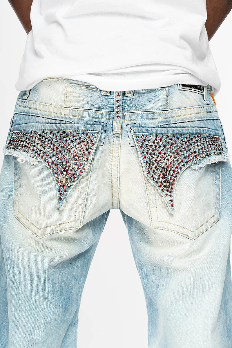 MENS LIMITED EDITION DESTROYED SHORTS WITH FLAP POCKET 5D LIGHT WASH CRYSTALS