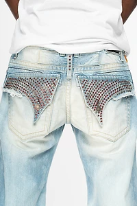 MENS LIMITED EDITION DESTROYED SHORTS WITH FLAP POCKET 5D LIGHT WASH CRYSTALS