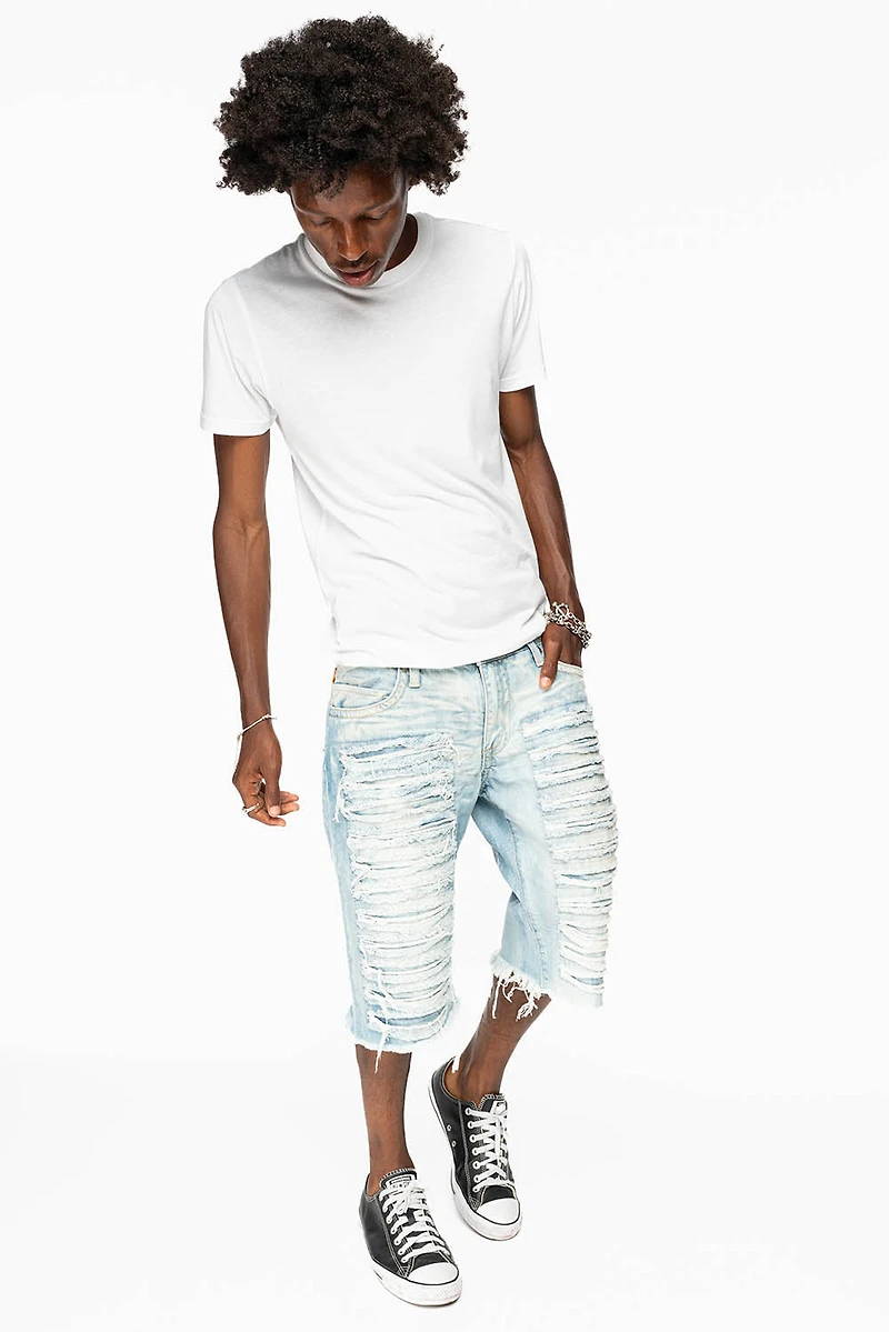 MENS LIMITED EDITION DESTROYED SHORTS WITH FLAP POCKET 5D LIGHT WASH CRYSTALS