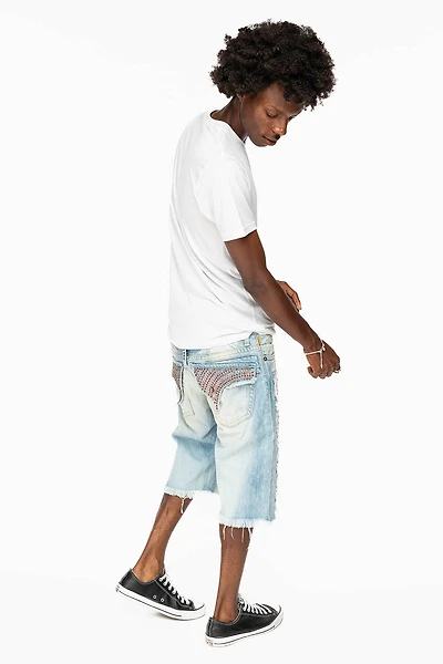 MENS LIMITED EDITION DESTROYED SHORTS WITH FLAP POCKET 5D LIGHT WASH CRYSTALS