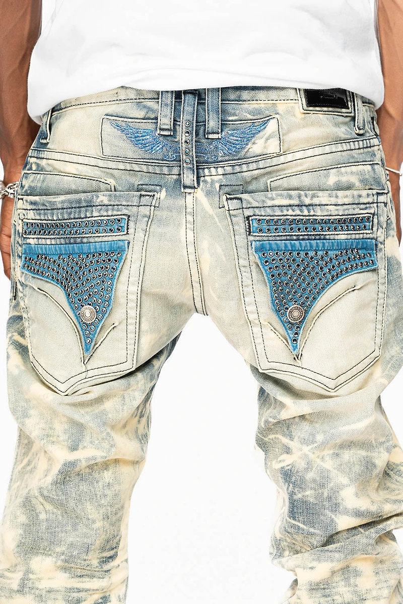 MENS FLAP POCKET SLIM JEANS NEW JAPAN LIGHT WASH WITH CRYSTALS