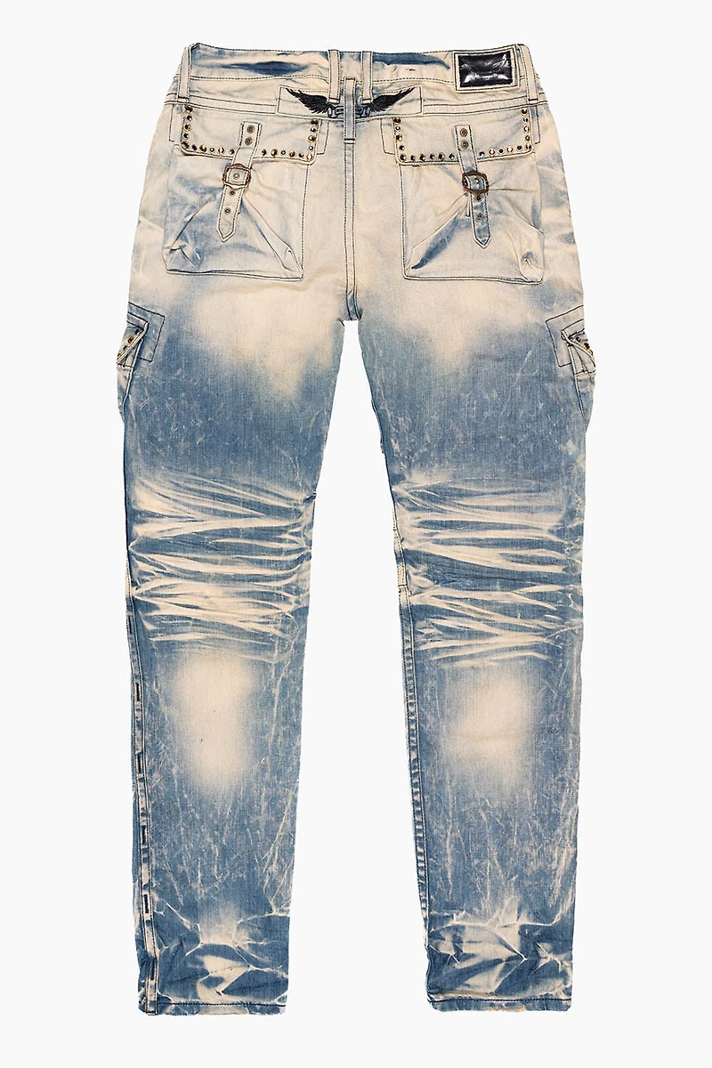 RAPTOR MILITARY STYLE CARGO JEAN BLUE 5D MEDIUM BROKEN WITH CRYSTALS