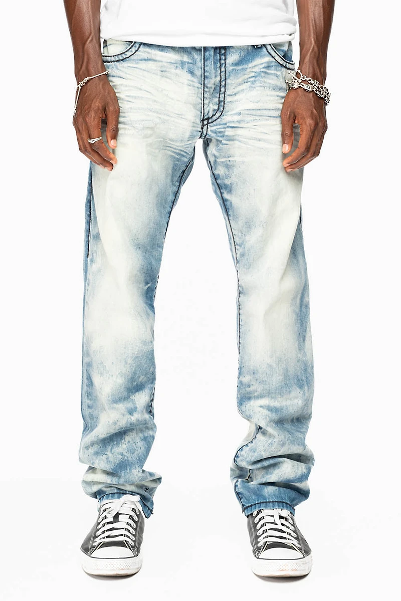 MENS SLIM FIT JEANS CHEROKEE DARK WASH WITH HEAVY STITCHING AND BLK EMBROIDERED WINGS