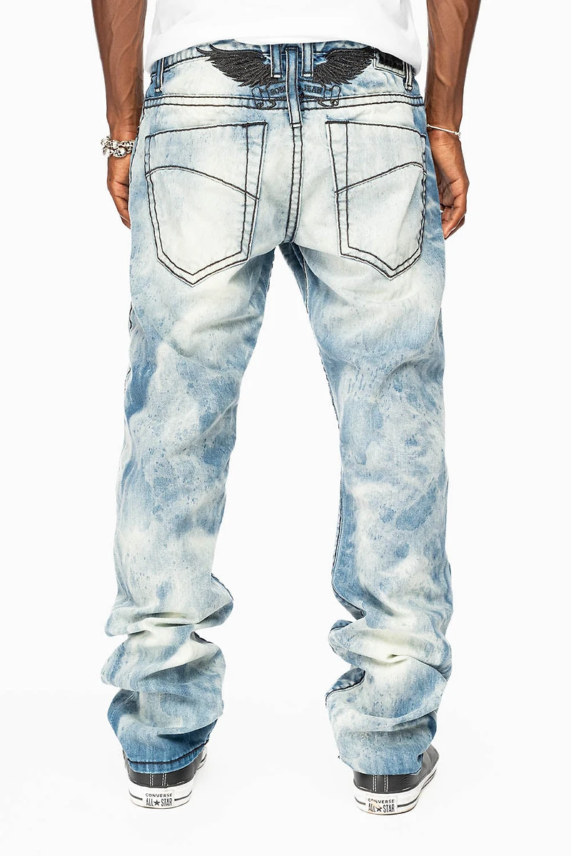 MENS SLIM FIT JEANS CHEROKEE DARK WASH WITH HEAVY STITCHING AND BLK EMBROIDERED WINGS