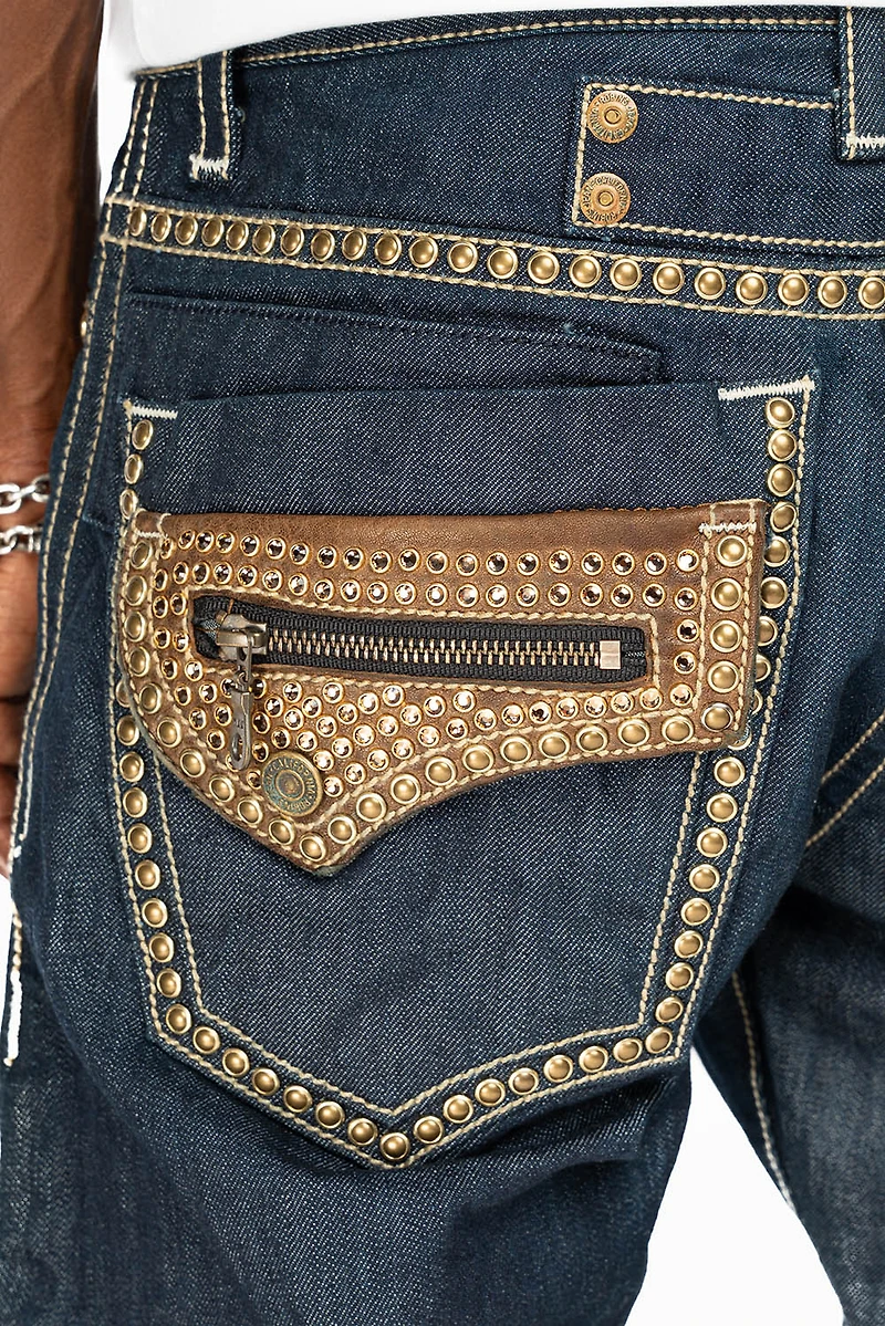 INDIAN WITH BROWN LEATHER ZIPPER FLAPS RINSE WASH STUDS AND CRYSTALS