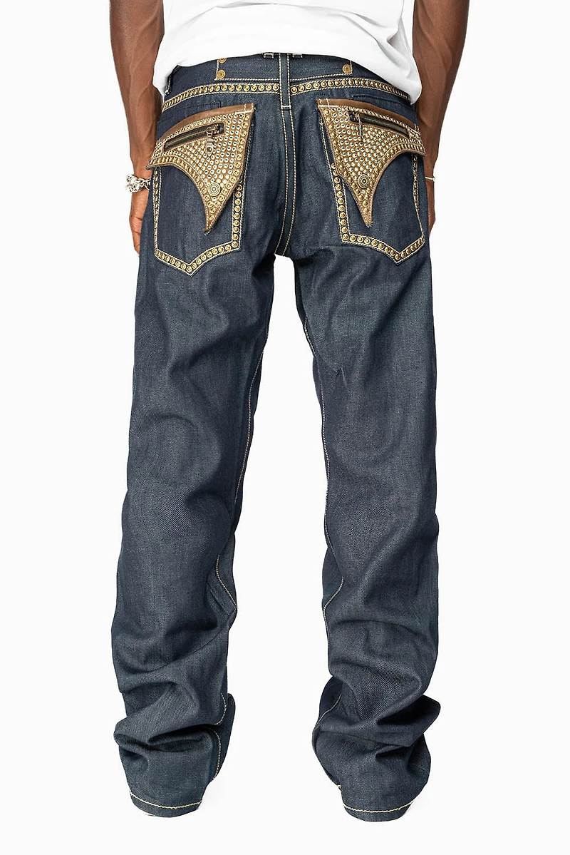 CLINT RINSE WASH  BROWN LEATHER ZIPPER FLAPS FULLY EMBELLISHED WITH CRYSTALS AND STUDS