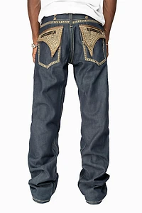 CLINT RINSE WASH  BROWN LEATHER ZIPPER FLAPS FULLY EMBELLISHED WITH CRYSTALS AND STUDS