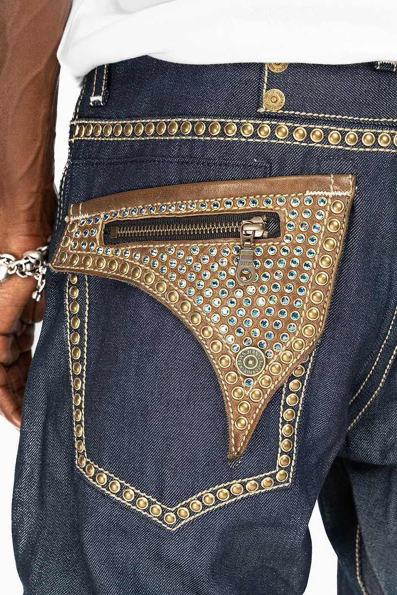 CLINT RINSE WASH  BROWN LEATHER ZIPPER FLAPS FULLY EMBELLISHED WITH CRYSTALS AND STUDS