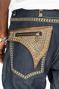 CLINT RINSE WASH  BROWN LEATHER ZIPPER FLAPS FULLY EMBELLISHED WITH CRYSTALS AND STUDS