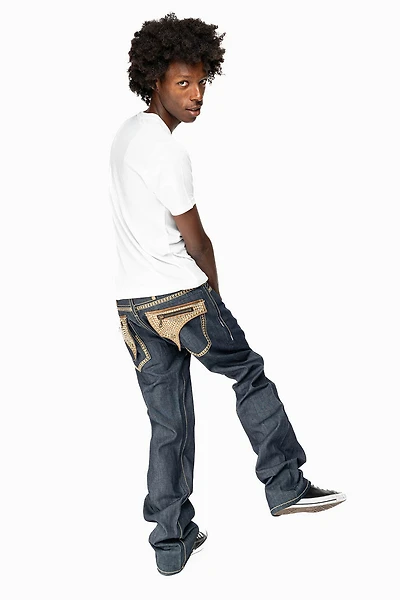 CLINT RINSE WASH  BROWN LEATHER ZIPPER FLAPS FULLY EMBELLISHED WITH CRYSTALS AND STUDS