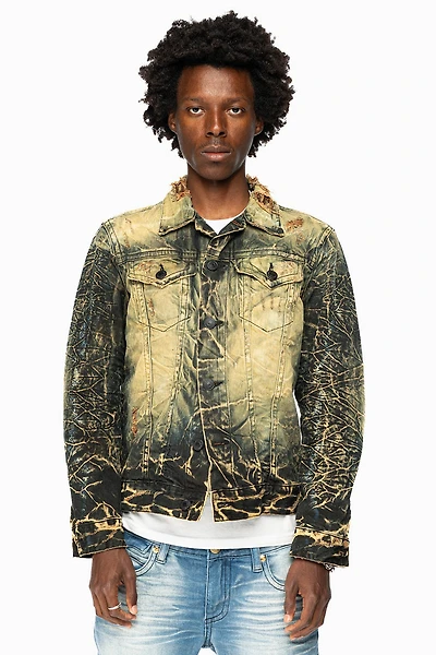 MENS DENIM JACKET LIGHT YELLOW 4D DARK PERU  WASH WITH BLACK WINGS