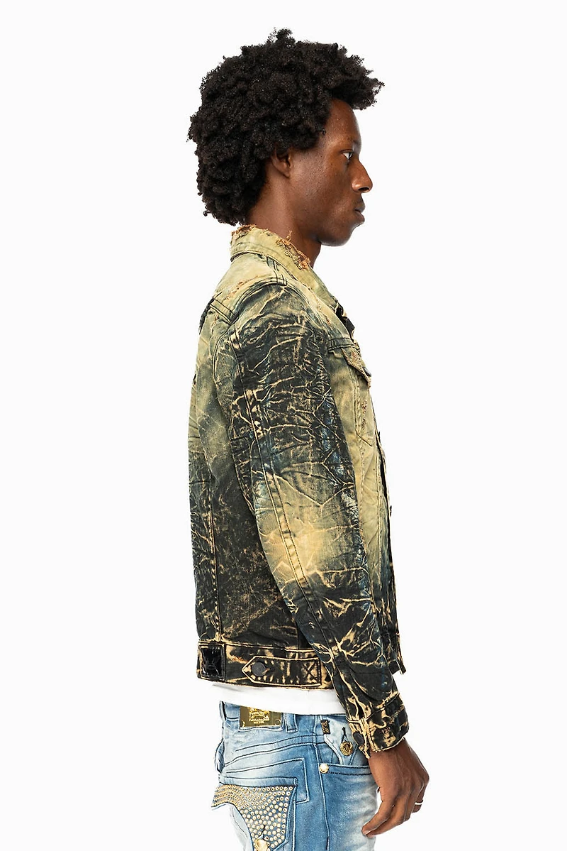 MENS DENIM JACKET LIGHT YELLOW 4D DARK PERU  WASH WITH BLACK WINGS