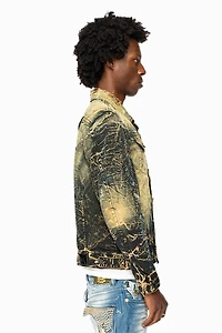 MENS DENIM JACKET LIGHT YELLOW 4D DARK PERU  WASH WITH BLACK WINGS